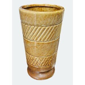 Vintage 1979 FTDA USA Brown Ceramic Textured Vase With Carved Chevron Design